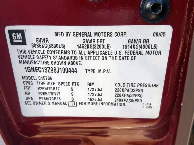 1GNEC13Z96J100444 - 2006 CHEVROLET TAHOE C150 MAROON photo 10