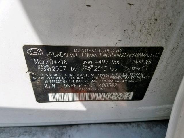 5NPE34AF0GH408342 - 2016 HYUNDAI SONATA SPO WHITE photo 10