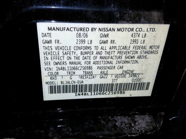 1N4BL11D66C256986 - 2006 NISSAN ALTIMA SE BLACK photo 10