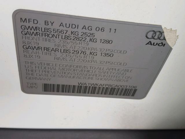 WA1WKAFP8CA003106 - 2012 AUDI Q5 PRESTIG WHITE photo 10