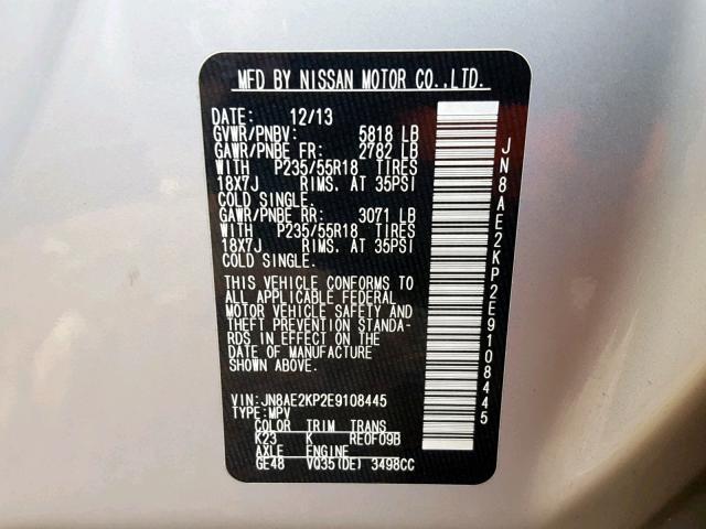 JN8AE2KP2E9108445 - 2014 NISSAN QUEST S GRAY photo 10