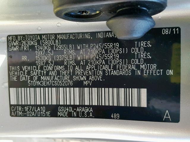 5TDYK3EH7CS052076 - 2012 TOYOTA HIGHLANDER SILVER photo 10