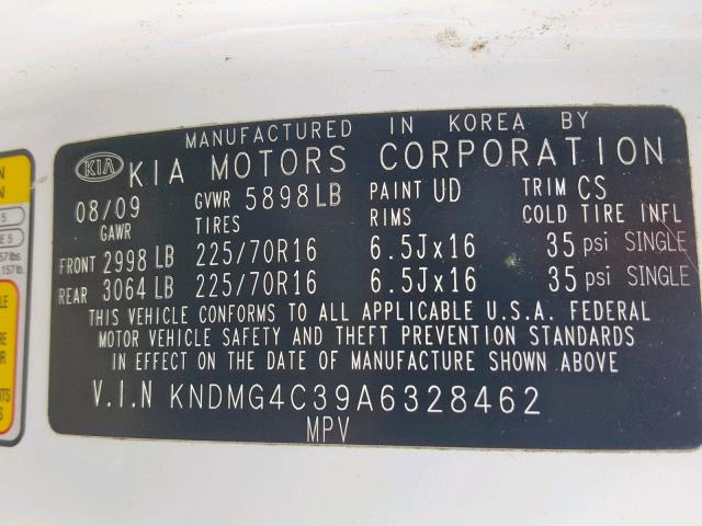 KNDMG4C39A6328462 - 2010 KIA SEDONA LX GREEN photo 10