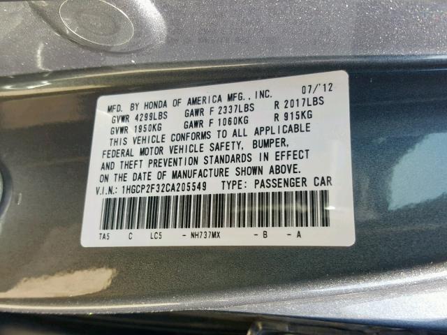 1HGCP2F32CA205549 - 2012 HONDA ACCORD LX CHARCOAL photo 10