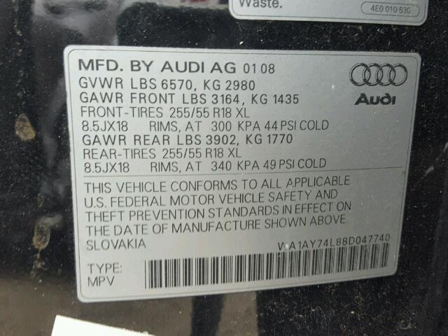 WA1AY74L88D047740 - 2008 AUDI Q7 3.6 QUA BLACK photo 10