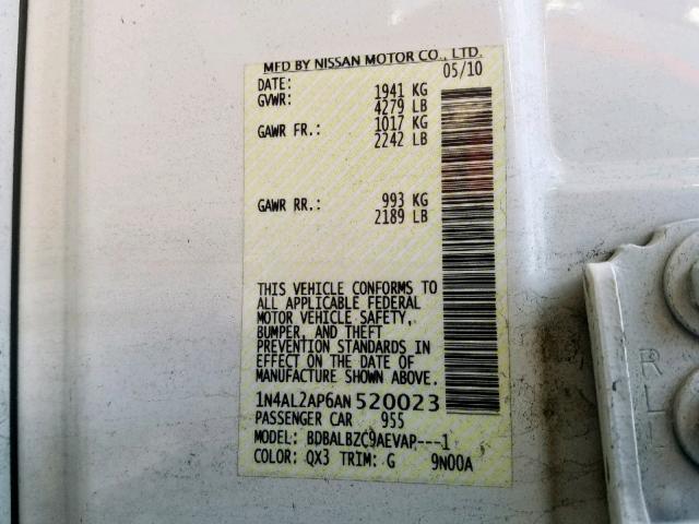 1N4AL2AP6AN520023 - 2010 NISSAN ALTIMA BAS WHITE photo 10