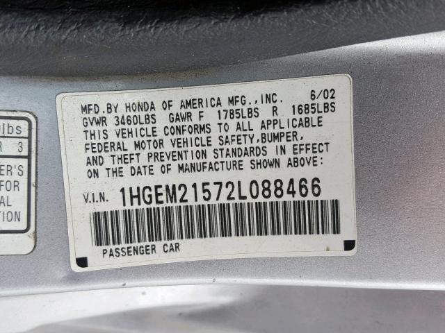 1HGEM21572L088466 - 2002 HONDA CIVIC LX SILVER photo 10