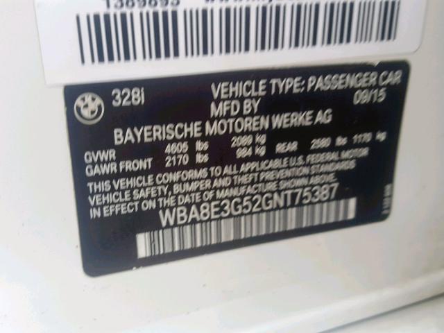 WBA8E3G52GNT75387 - 2016 BMW 328 XI SUL WHITE photo 10