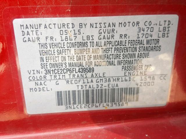 3N1CE2CP6FL439589 - 2015 NISSAN VERSA NOTE RED photo 10