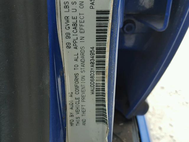 WAUDD68D3YA034954 - 2000 AUDI S4 2.7 QUA BLUE photo 10