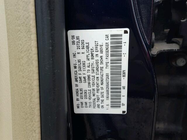 19UUA66266A072481 - 2006 ACURA 3.2TL BLUE photo 10