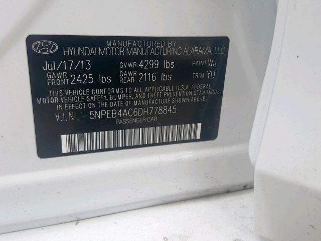 5NPEB4AC6DH778845 - 2013 HYUNDAI SONATA GLS WHITE photo 10