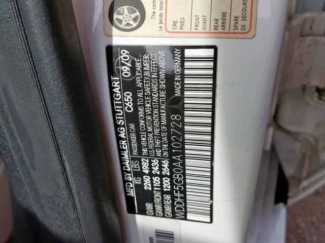 WDDHF5GB0AA102728 - 2010 MERCEDES-BENZ E 350 WHITE photo 10