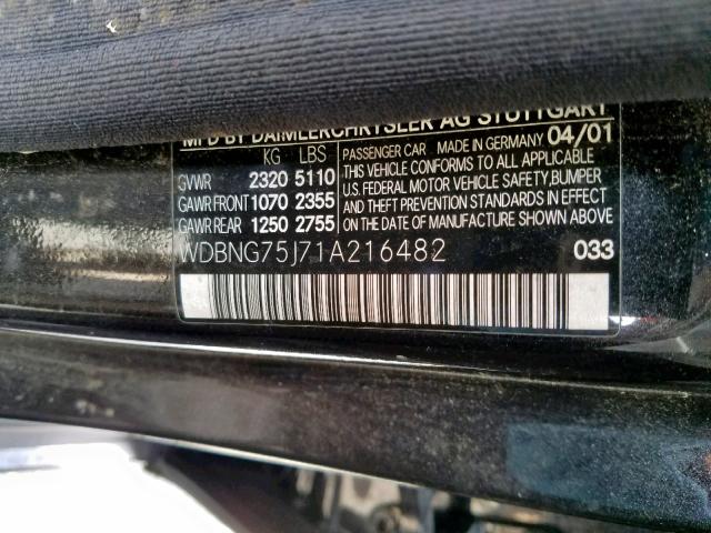 WDBNG75J71A216482 - 2001 MERCEDES-BENZ S 500 BLACK photo 10