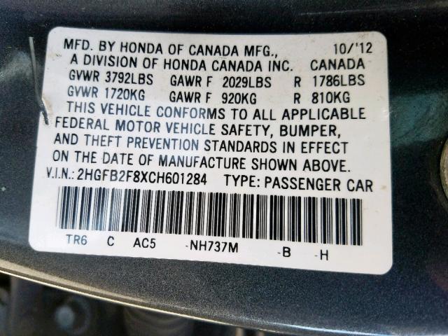 2HGFB2F8XCH601284 - 2012 HONDA CIVIC EX GRAY photo 10