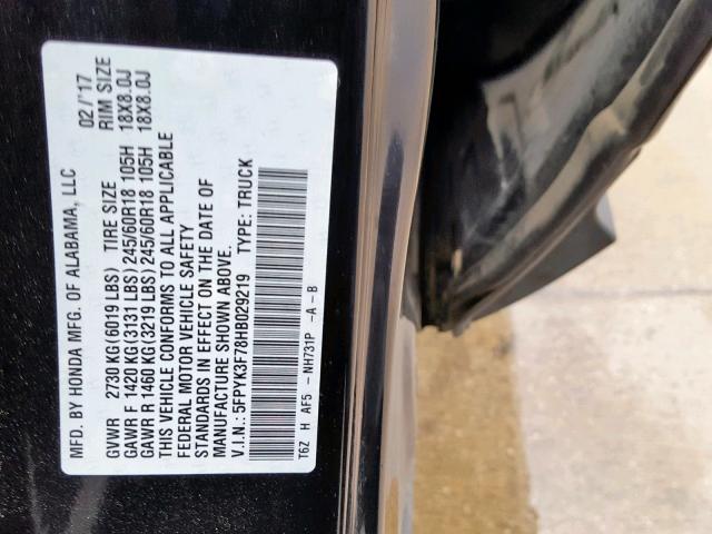 5FPYK3F78HB029219 - 2017 HONDA RIDGELINE BLACK photo 10