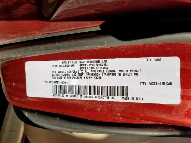 4S3BH675746601947 - 2004 SUBARU LEGACY OUT BURGUNDY photo 10