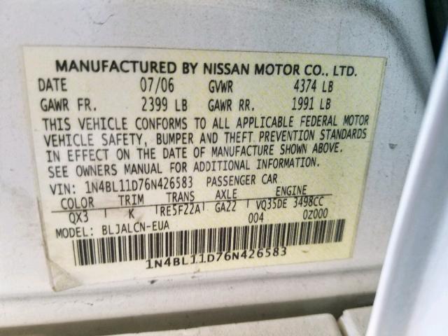 1N4BL11D76N426583 - 2006 NISSAN ALTIMA SE WHITE photo 10