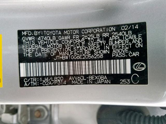 JTHBW1GG6E2056258 - 2014 LEXUS ES 300H SILVER photo 10