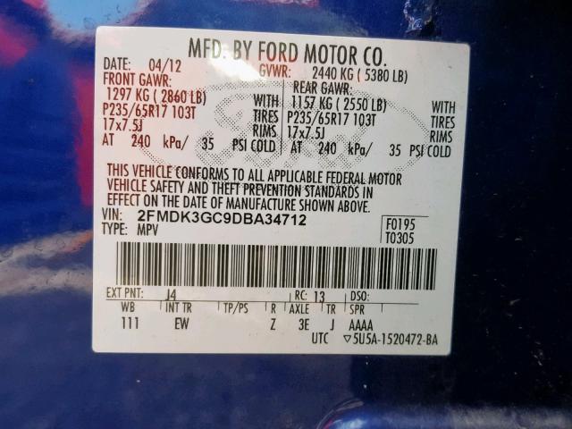 2FMDK3GC9DBA34712 - 2013 FORD EDGE SE BLUE photo 10