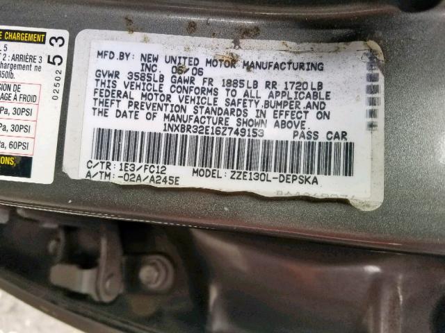 1NXBR32E16Z749153 - 2006 TOYOTA COROLLA CE GRAY photo 10