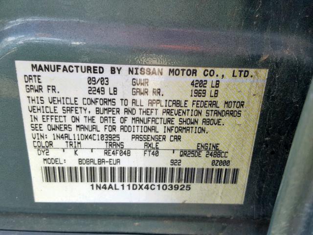 1N4AL11DX4C103925 - 2004 NISSAN ALTIMA BAS GREEN photo 10