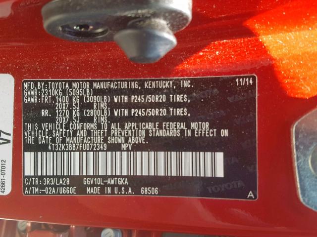 4T3ZK3BB7FU072349 - 2015 TOYOTA VENZA LE RED photo 10