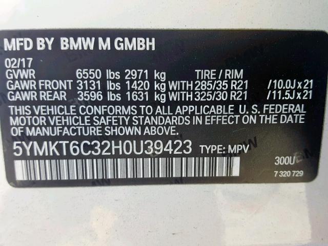 5YMKT6C32H0U39423 - 2017 BMW X5 M WHITE photo 10