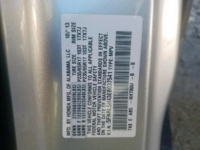 5FNRL5H43EB037541 - 2014 HONDA ODYSSEY EX SILVER photo 10