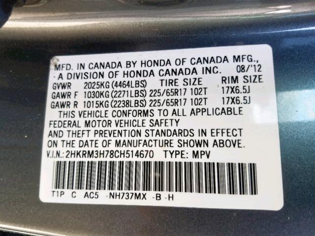 2HKRM3H78CH514670 - 2012 HONDA CR-V EXL GRAY photo 10