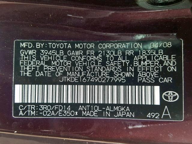 JTKDE167490277995 - 2009 TOYOTA SCION TC BURGUNDY photo 10