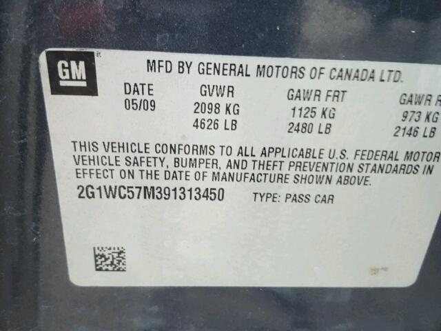 2G1WC57M391313450 - 2009 CHEVROLET IMPALA 2LT GRAY photo 10