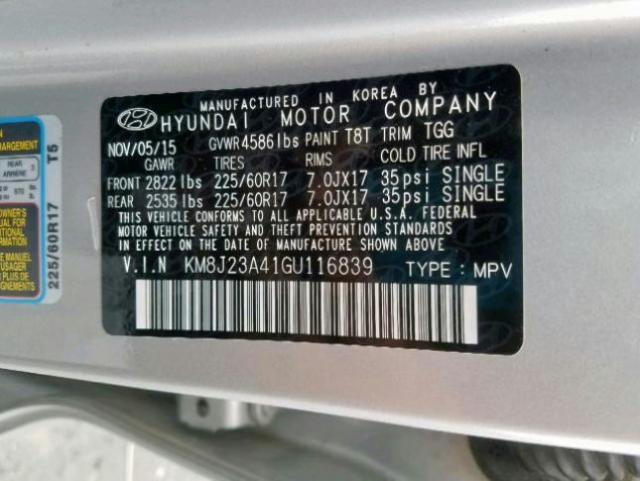 KM8J23A41GU116839 - 2016 HYUNDAI TUCSON SE SILVER photo 10