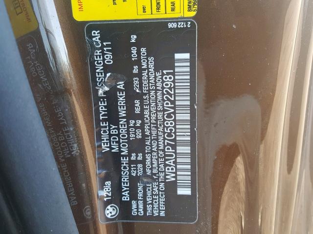 WBAUP7C58CVP22981 - 2012 BMW 128 I BROWN photo 10