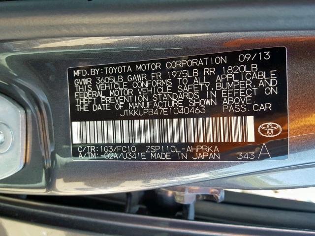 JTKKUPB47E1040463 - 2014 TOYOTA SCION XD GRAY photo 10