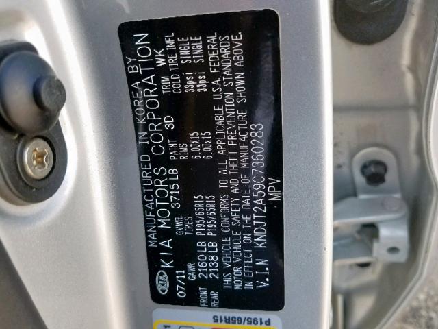 KNDJT2A59C7360283 - 2012 KIA SOUL SILVER photo 10