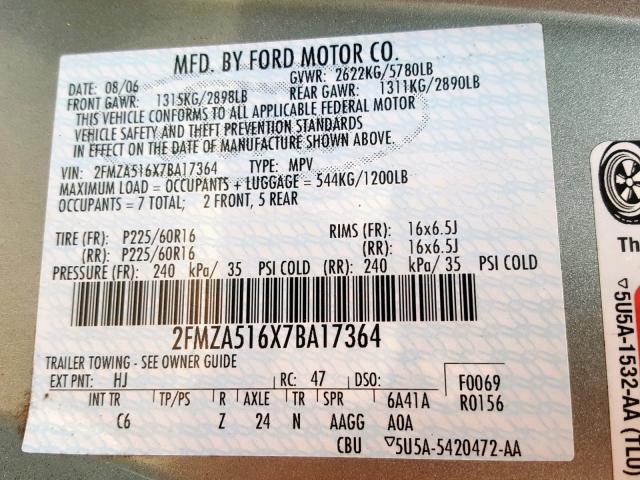 2FMZA516X7BA17364 - 2007 FORD FREESTAR S GRAY photo 10