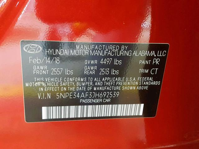 5NPE34AF3JH692539 - 2018 HYUNDAI SONATA SPO RED photo 10