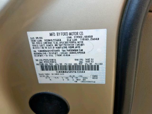 1LNHM86S05Y612444 - 2005 LINCOLN LS ბეჟი ფოტო 10