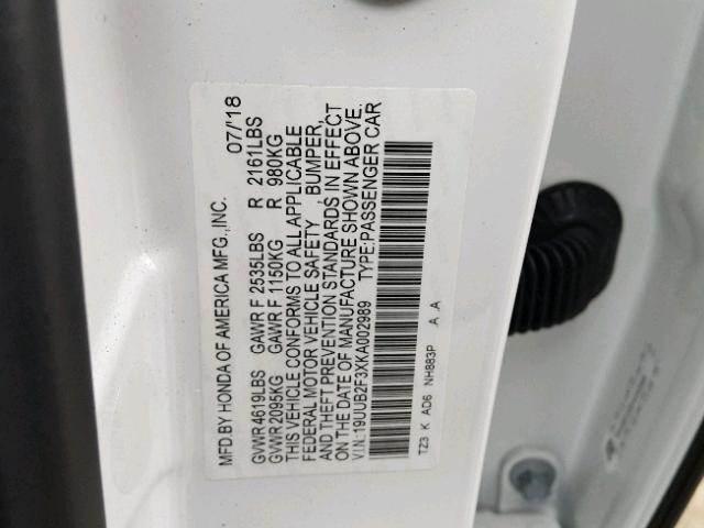 19UUB2F3XKA002989 - 2019 ACURA TLX WHITE photo 10