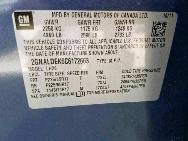 2GNALDEK6C6172663 - 2012 CHEVROLET EQUINOX LT BLUE photo 10