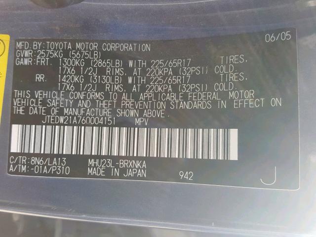 JTEDW21A760004151 - 2006 TOYOTA HIGHLANDER BLUE photo 10