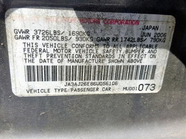 JA3AJ26E86U056106 - 2006 MITSUBISHI LANCER ES GRAY photo 10