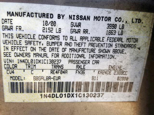 1N4DL01DX1C130237 - 2001 NISSAN ALTIMA XE TAN photo 10