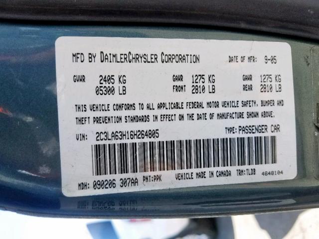 2C3LA63H16H264805 - 2006 CHRYSLER 300C TEAL photo 10