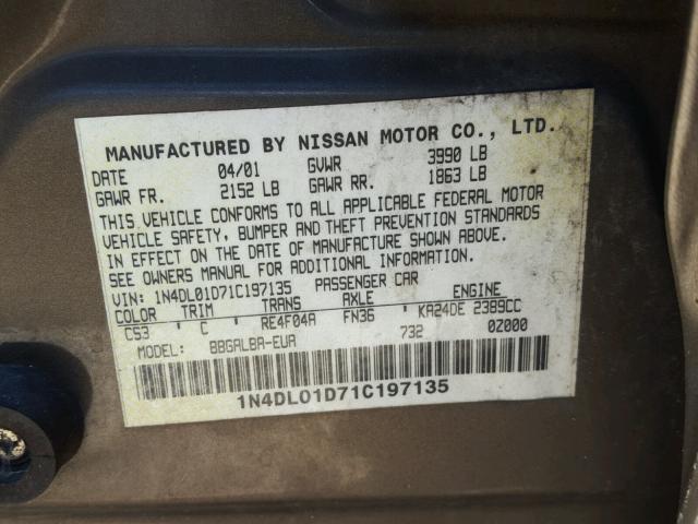 1N4DL01D71C197135 - 2001 NISSAN ALTIMA XE BROWN photo 10