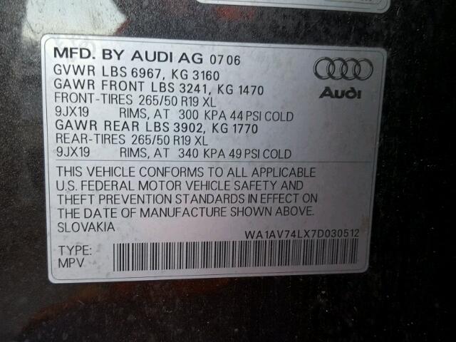 WA1AV74LX7D030512 - 2007 AUDI Q7 4.2 QUA GRAY photo 10