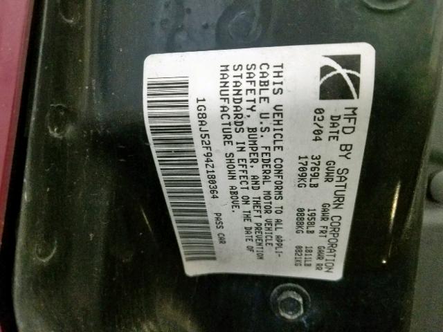 1G8AJ52F94Z180364 - 2004 SATURN ION LEVEL RED photo 10