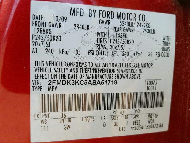 2FMDK3KC5ABA51719 - 2010 FORD EDGE LIMIT RED photo 10