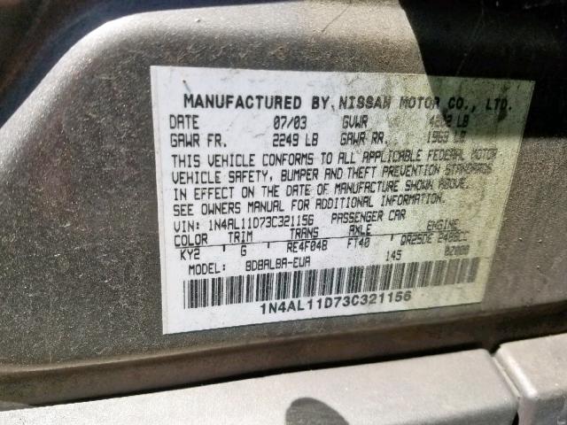 1N4AL11D73C321156 - 2003 NISSAN ALTIMA BAS WHITE photo 10